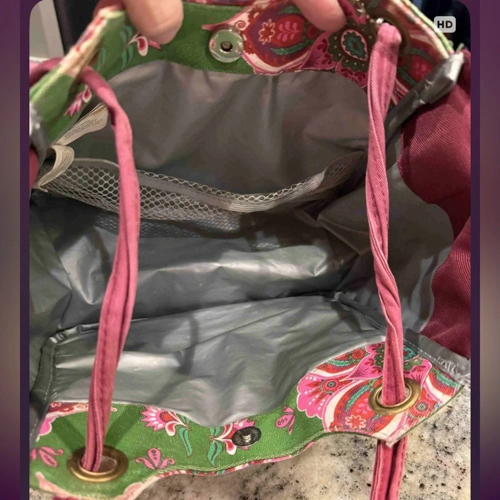 Floral Green and Burgundy Women's lunch Bag tote 15x10in